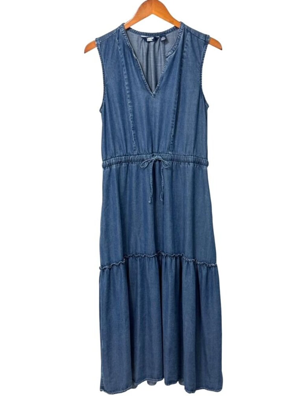 Lands End Women's Midi Dress 100% Lyocell Chambray Sleeveless Drawstring Size M